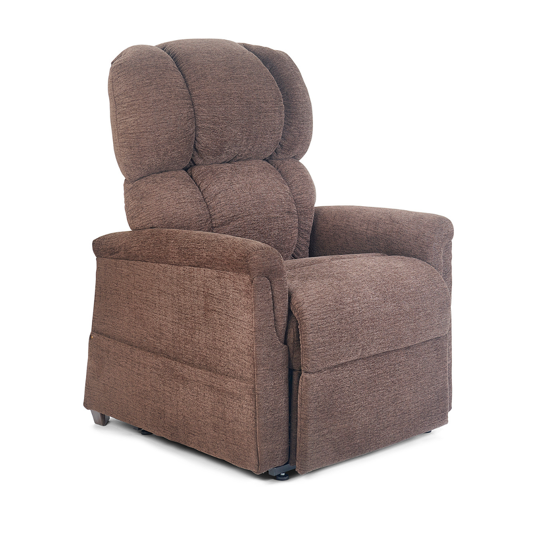 The Golden Tech PR531 Comforter Recliner with Lift Assist features a high back, plush-padded armrests, soft brown fabric upholstery, and cushioned comfort—shown here on a white background.